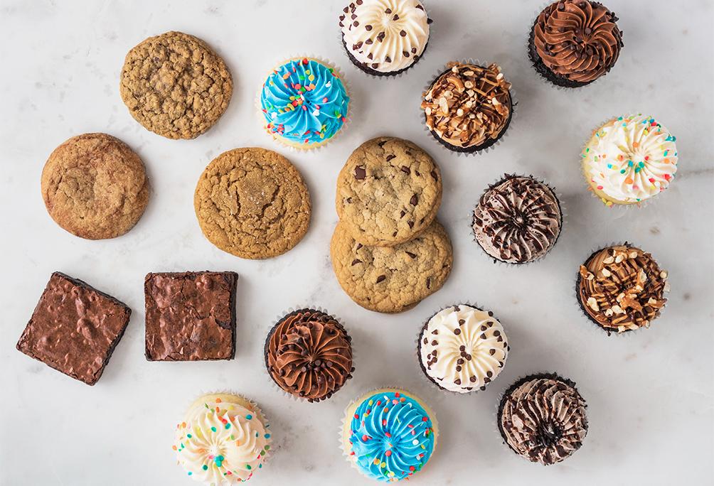 Blue Celebration, Chocolate Addicts, Brownies, Cookies, Medium Party Packs, All The Goodies, Cupcakes, Gigi's Cupcakes, Enjoy Anywhere, Anytime, Anyplace